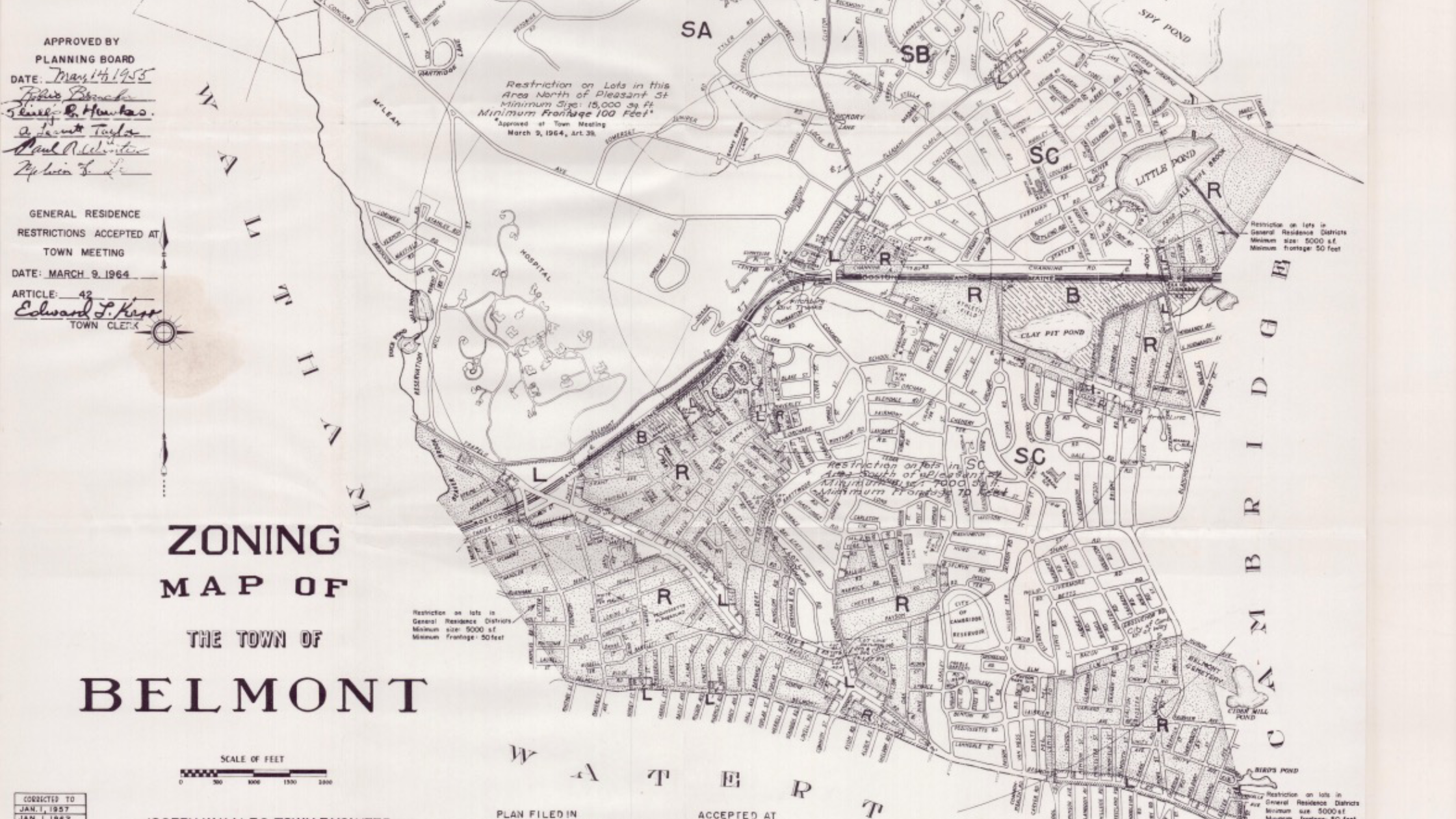 Historical zoning map of Belmont, Massachusetts, dated about 1955, showing the town divided into zoning districts.