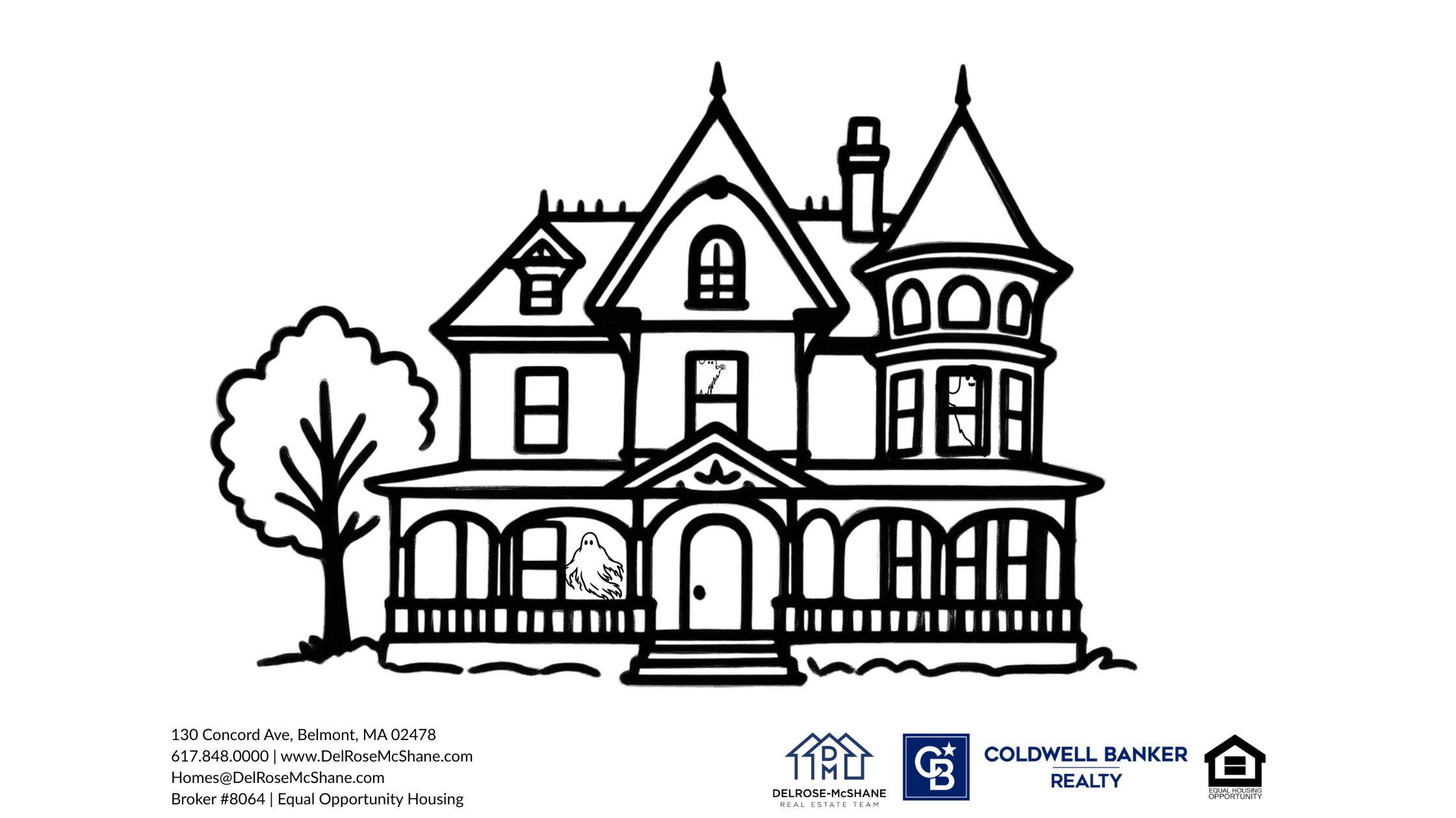 A doodle style illustration of a run down Victorian house beside a bare tree