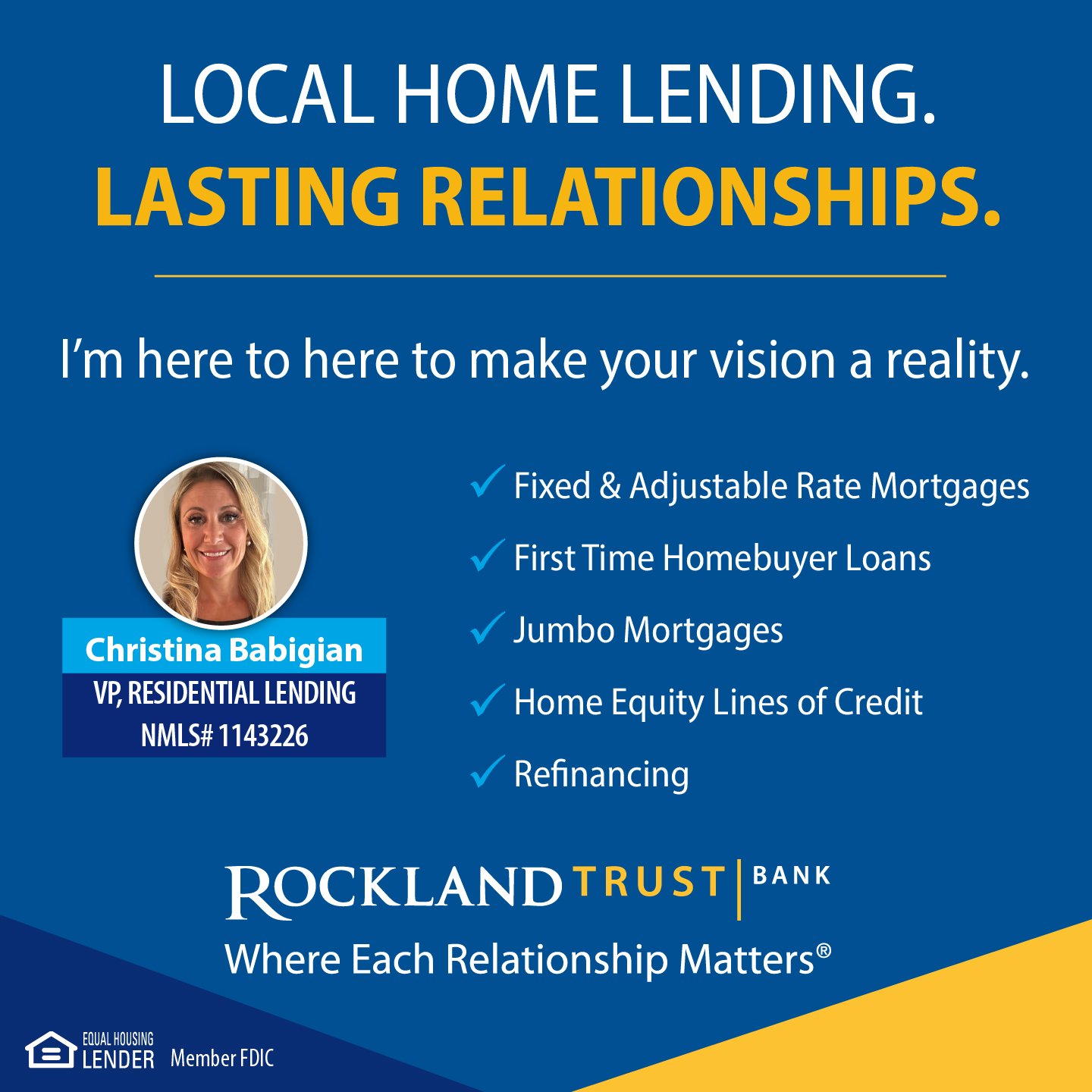 Rockland Trust advertisement for Christina Babigian, Vice President and Senior Loan Officer, NMLS 1143226